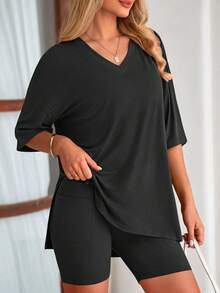 PRETTYGARDEN Women's Summer Clothes 2 Piece Sets Lounge Set Casual Oversized Shirts Biker Shorts Matching Airport Travel Sweatsuit Set Women Vacation Outfit Summer Brunch Outfits For Women - 深黑色 - 查看 3