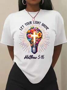 Conjunto para el Día de la Madre - Camiseta de Mujer con Patrón Cristiano - Deja que Tu Luz Brille (Versículo Bíblico Mateo 5:16) - Diseño de Bombilla Floral para Iglesia - Camiseta Casual de Algodón Suave y Transpirable de Corte Holgado - Ropa de Fe para el Día a Día - Camisetas Lavables a Máquina, Modernas y Cómodas. tops de mujer - Blanco - Ver 1
