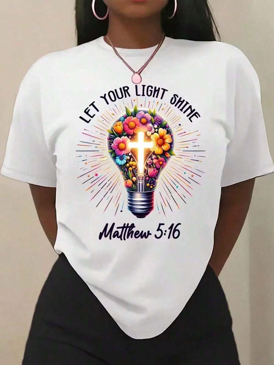Conjunto para el Día de la Madre - Camiseta de Mujer con Patrón Cristiano - Deja que Tu Luz Brille (Versículo Bíblico Mateo 5:16) - Diseño de Bombilla Floral para Iglesia - Camiseta Casual de Algodón Suave y Transpirable de Corte Holgado - Ropa de Fe para el Día a Día - Camisetas Lavables a Máquina, Modernas y Cómodas. tops de mujer - Blanco - Ver 1