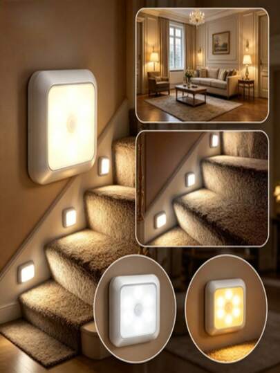 NEJJ 1pc Battery Powered Smart Sensor Mini Square Light, Silver Matte Finish; Provides Soft Comfortable Cool White And Warm White Lighting Options; Automatic Night Light Function (No Battery Required); Suitable For Bathroom, Hallway, Staircase And Other Indoor Home Decor Scenarios Like Wall Mount, Cabinet, Tabletop, Bedroom
