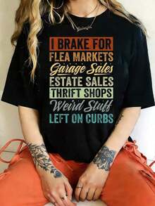 1 pieza: Camiseta gráfica de manga corta de talla grande para mujer con estampado 'Freno por Mercados de Pulgas, Concesionarios de Garaje, Concesionarios de Segunda Mano, Dejado en el Borde de la Calle'. Camiseta 100% novedosa, cuello redondo, ropa casual, 220g/180g, 100% algodón. - Negro - Ver 1