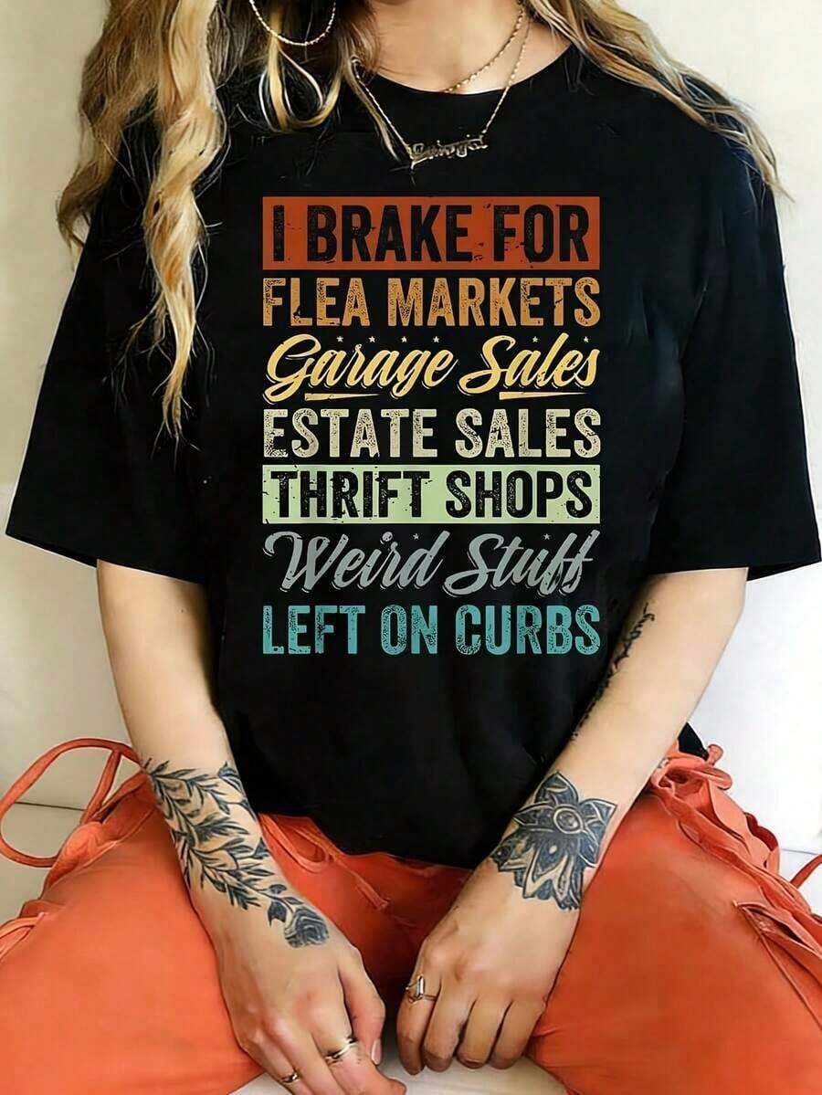 1 pieza: Camiseta gráfica de manga corta de talla grande para mujer con estampado 'Freno por Mercados de Pulgas, Concesionarios de Garaje, Concesionarios de Segunda Mano, Dejado en el Borde de la Calle'. Camiseta 100% novedosa, cuello redondo, ropa casual, 220g/180g, 100% algodón. - Negro - Ver 1
