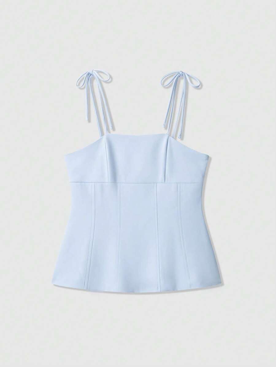 Top camisero con lazo decorativo, unicolor de estilo minimalista y de moda, adecuado para el verano - Azul - Ver 1