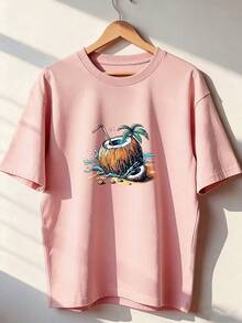 T-Shirt With A Coconut On The Beach And Sand And Water Details.  Short-Sleeved T-Shirt For Spring And Summer 2026, Made In Mexico, 180 Grams. Cartoon Print, Couple Design, Suitable For Indoor Or Outdoor Wear. Crew Neck, Unisex, Ideal For The Office And Leisure. One-Pack. - PK-P631577SLNDXZGY454 - 查看 1