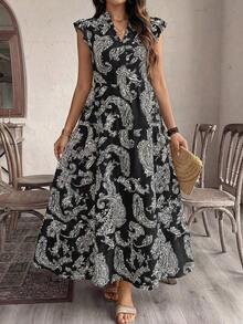 Vestido casual de manga corta con estampado de anacardo para vacaciones de mujer - Blanco y Negro - Ver 3