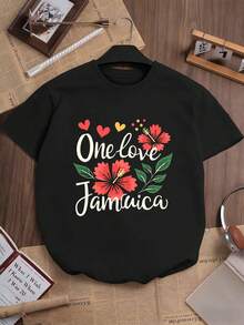 T-shirt girocollo con stampa floreale One Love Jamaica, vestibilità ampia, stile street hip-hop, comoda, stampa di - nero - Visualizzare 1