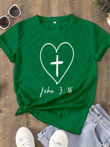 Camiseta premium para mujer cristiana, camiseta casual de una pieza con estampado de corazón y cruz de Juan 3:16, 100% algodón puro, manga corta, cuello redondo, tallas regulares y grandes, adecuada para todas las estaciones, tejido de punto, 180 gramos, ideal como regalo para el Día de Acción de Gracias y Navidad. Esencial. - Verde - Ver 6