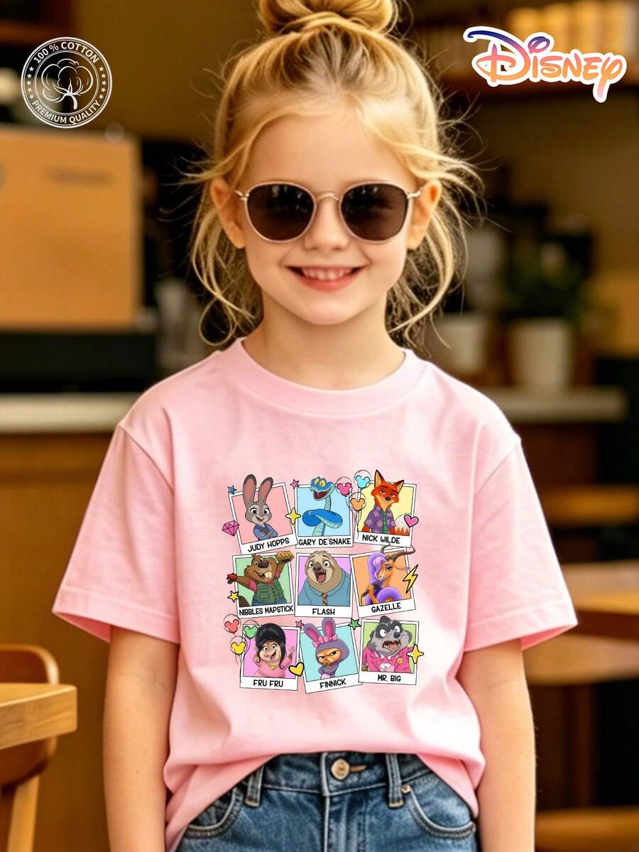 Disney Zootopia Kids T-Shirt, 100% Cotton Judy & Nick & Friends Photo Card Style Graphic Tee, Unisex For Boys & Girls Ages 4-12, Soft Breathable No Fade, Ideal For School Outdoor Sports Casual Wear, Perfect Birthday & Children's Day Gift - 粉色 - 查看 1