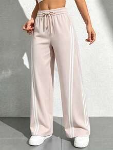 Pantalones deportivos de cintura alta con rayas laterales: pantalones deportivos holgados y de pierna ancha, ideales para el día a día en otoño; pantalones holgados y casuales de un solo color, sencillos y elegantes - Gris Claro - Ver 3