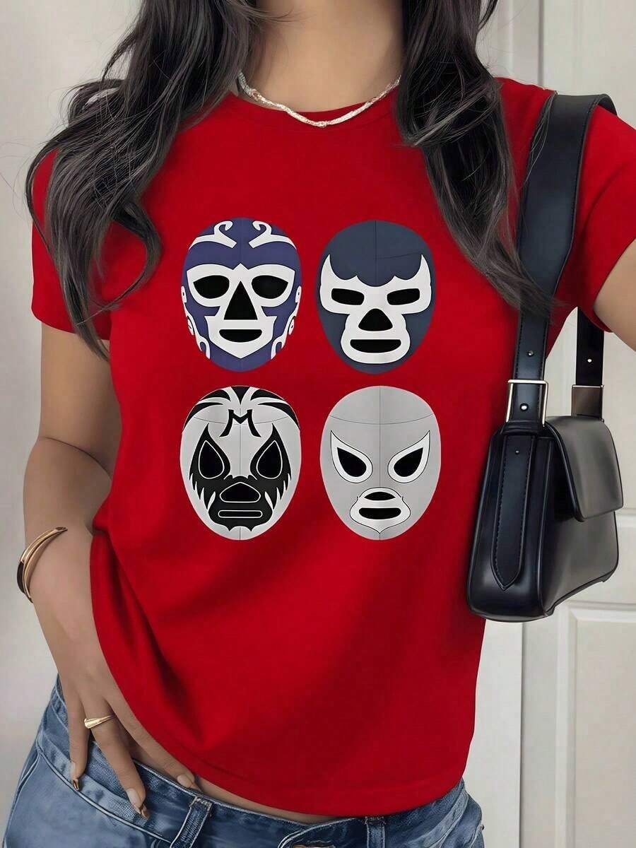 Beautiful Blouses Four Iconic Mexican Wrestling Masks Symbolizing Strength, Tradition, And Fighting Spirit On A Women's T-Shirt 100% Cotton 100% Cotton Casual Blouses For Women - 紅色的 - 查看 1