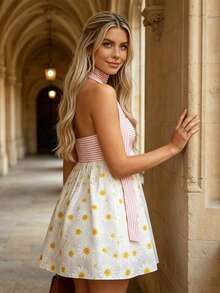 Vestido Mini para Mujer con Estampado Floral y Cuello de Bufanda, Sin Mangas A-Line, Fluido para Vacaciones y Citas de Verano - Blanco - Ver 2