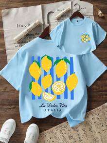 Tween Girls' Casual Funny Print Crew Neck Short Sleeve T-Shirt, Summer Top - Baby Blue - View 4