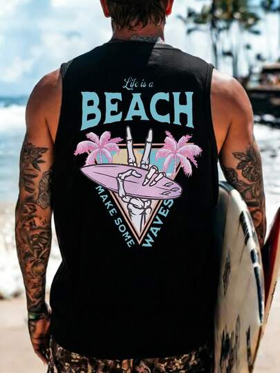Coastal Men's Casual Vacation Style Beach Element Print Round Neck Tank Top, Suitable For Summer Wear, Comfortable And Breathable, Leading Fashion