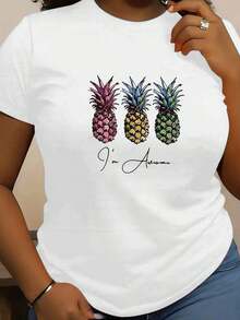 Gift | 1 Women's T-Shirt 100% Breathable Cotton | Short Sleeve T-Shirt With Vibrant Pineapple Print For Women - Casual Round Neck, Geometric Pattern, Fashionable Summer Top, Casual Summer Wear | Playful Print | Vibrant Graphic Tee - Ideal For Summer - 白色的 - 查看 1