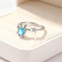 1 chiếc nhẫn hở kiểu Bohemian, đính đá Zirconia tổng hợp màu xanh lam, họa tiết rùa và sao biển, thích hợp đeo hàng ngày và làm quà tặng, phù hợp mọi mùa. - vòng mở - Xem 7