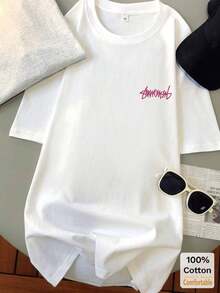 Custom Letter Print Mid-Length Short Sleeve T-Shirt, Fashionable Casual Top For Women, Loose Fit Cotton Short Sleeve Crew Neck T-Shirt, Vintage Summer Street Style In Black. - 白色 - 查看 5