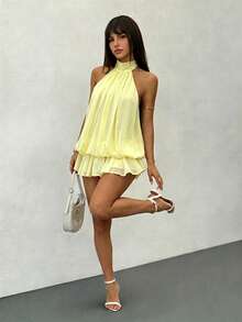 Women's Casual Sleeveless Backless Spaghetti Strap A-Line Mini Dress, Summer - Yellow - View 5