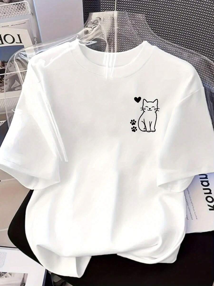 Camiseta de mujer, blanca con estampado de huellas de gato y dibujo lineal sencillo, cómoda, disponible en todas las tallas, a la moda, transpirable, deportiva y casual, estilo Y2k, estilo urbano, estampados divertidos, para fiestas y eventos, viajes, citas, playa, vacaciones, atuendos diarios, lavable a máquina, materiales duraderos, regalos para el Día de Acción de Gracias, Navidad, Año Nuevo, pijamas, ropa familiar, adecuada tanto para hombres como para mujeres. - Blanco - Ver 1
