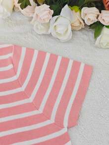 Collegiate Style Pink Striped Knit Short Sleeve V-Neck Pullover Sweater, Summer, Medium Stretch, Drop Shoulder Design, Regular Length - Pink - View 5