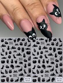 2 miếng nhãn dán nghệ thuật móng tay 3D mèo đen dễ thương Halloween hoạt hình mèo tối tự dính trang trí móng tay Y2K mèo dễ thương ngoan ngoãn DIY làm đẹp móng tay cho nữ - Đen và trắng - Xem 3