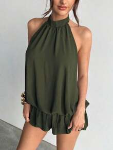 casual de verano para mujer con cuello halter, unicolor y volantes en el bajo - Verde militar - Ver 6