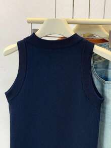 Top de punto de cuello redondo en color sólido para mujer de , minimalista y versátil, para verano. - azul real - Ver 6