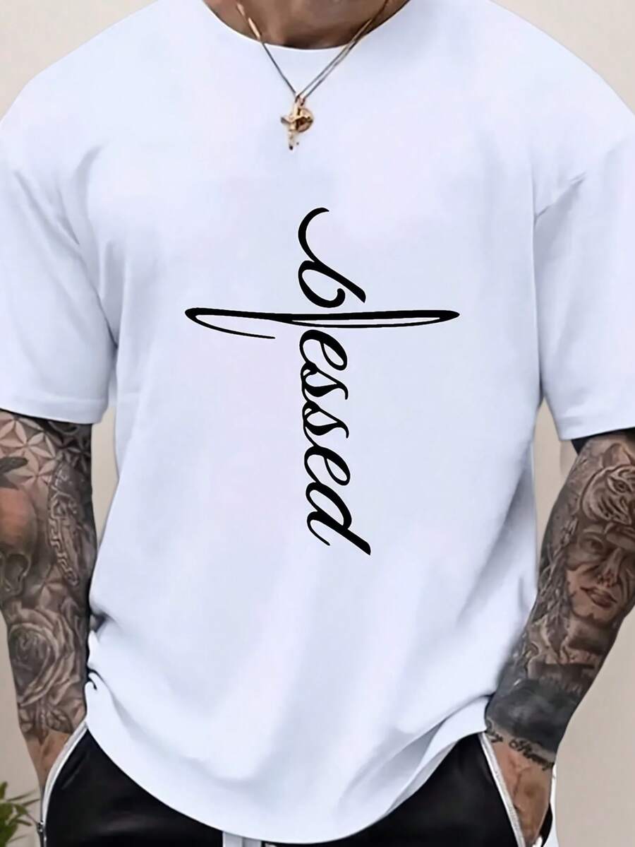 Camiseta de Hombre de 180g, 100% Algodón, con Letras Cursivas "Blessed" - Beige Claro, Cuello Redondo Casual, Manga Corta, Ropa Casual de Verano, Lavable a Máquina, Tela Suave y Transpirable para Ropa de Moda Masculina, Camisetas para Hombre Talla Grande, Camiseta de Hombre Talla Grande, TALLA GRANDE - Blanco - Ver 1