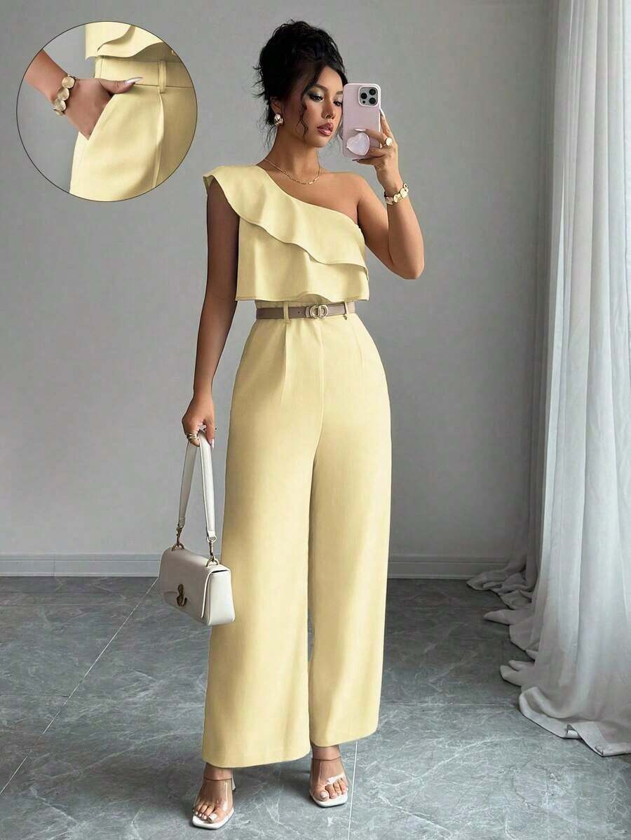 Mono de mujer con diseño casual apropiado para vacaciones de primavera/verano, adecuado para la oficina, el transporte, la playa y la hora del té de la tarde, con tirantes de espagueti, cintura con doble volante y silueta recta y suelta - Amarillo - Ver 1