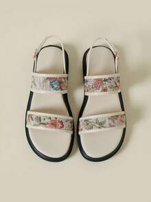 Women's Flat Sandals With Buckle Strap, Low Heel Thick Sole, Colorful Ditsy Floral, Bohemian Style, Retro V-Shaped Floral Pattern, Comfortable Summer New Wedge Low Heel Non-Slip Beach Sandals, Fashionable Outdoor Wear, 2026 Spring Autumn Asymmetrical Small Floral Breathable Fresh Elegant Dress Casual Sports Strap Criss-Cross Roman Shoes, Size 33-43 - Apricot - View 2