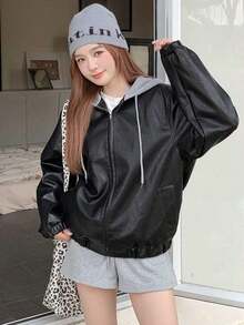 -Less Chaqueta de piel de imitación con bolsillos en ángulo, ropa de mujer de otoño - Negro 2 - Ver 8