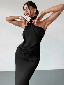 Vestido suelto con mangas acampanadas asimétricas de color marrón moca para mujer, vestido largo de moda, ropa de primavera/verano, adecuado para ir al trabajo, elegante, sexy, vacaciones, playa, estilo bohemio, Hawái, festivales de música, fiestas, atuendo de trabajo - Negro - Ver 3