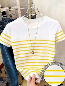 Camiseta de mujer de manga corta con cuello redondo y bloques de color a rayas - Multicolor 5 - Ver 1