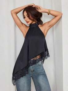 Top asimétrico de cuello alto con escote de halter y ribete de encaje para fiesta de noche, cóctel, formal, elegante, sin mangas para salida nocturna, boda, invitado, verano, otoño, hombros descubiertos - Negro - Ver 9