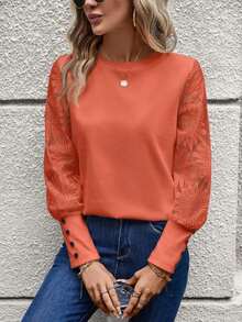 Blusa de mujer con mangas de encaje floral, parches y tejido de gofre, color blanco - Granada - Ver 6