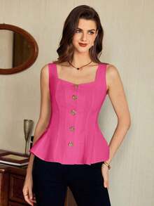 Blusa de mujer vintage, elegante y clásica, con cierre de botones metálicos con forma de flor, blusa sin mangas blanca, para primavera/verano - Rosa Fucsia - Ver 7