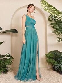 Vestido de malla con un hombro asimétrico, pecho fruncido, recorte hueco y abertura alta en A, vestido de dama de honor para boda, color rosa, primavera - Agua verde azul - Ver 1