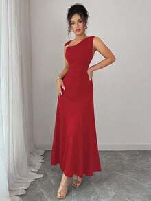 Nuevo vestido casual y elegante para mujer con cuello asimétrico, decoración metálica y cintura fruncida para vacaciones - Rojo - Ver 6