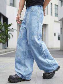 LIYS Herrbyxor med lapptäcke och vävda jeans, Ljustvättade, lösa jeans med vida ben, Casual Streetwear - Ljustvätt - Visa 4