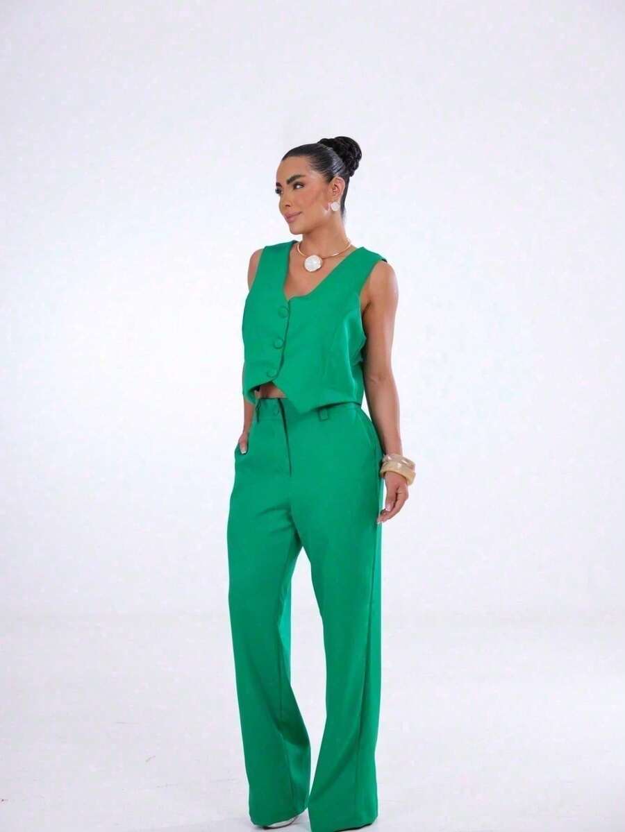 Wide-Leg Pants By Alntaria Risco Calca111114 - Green - View 1