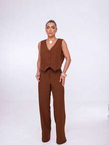 Wide-Leg Pants By Alntaria Risco Calca111114 - Rust Brown - View 4
