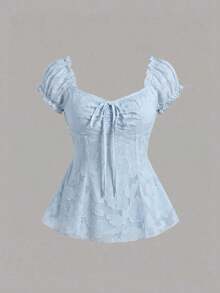 Blusa de gasa con bordado floral elegante, top de verano dulce y encantador para mujeres - Azul - Ver 8