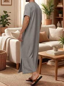 Bata de manga corta musulmana para hombres, bata de casa, bata de vacaciones casual, bata de estilo patio, con bolsillos a ambos lados y bajo con abertura, longitud moderada - Gris - Ver 3