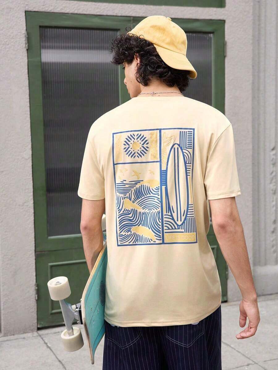 Camiseta de manga corta con cuello redondo y estampado gráfico para hombre, de Open Phase, estilo casual y versátil para el día a día, corte ajustado, estilo retro americano, unisex, de corte relajado, ideal para el verano y para atuendos de vacaciones de verano. - Ligera. - Albaricoque - Ver 1