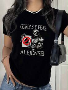Camiseta de mujer con estampado de esqueleto y señal de prohibido, estilo casual, ideal para uso diario - Blanco - Ver 8