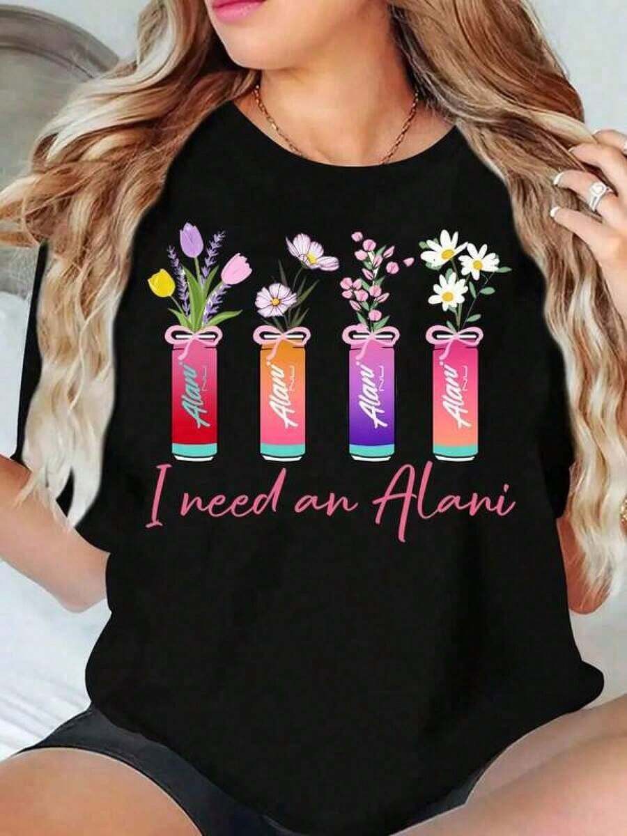 Mother's Day Set, Cotton Graphic T-Shirt, Plus Sizes, "I Need An Alani Flower Can" T-Shirt For Women, Fashion Casual Top, Graphic Tee, 220g, Y2K, Oversized T-Shirt For Men, Women's Tops - 黑色 - 查看 1