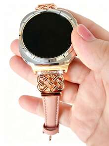 Galaxy Watch 8 錶帶 + 錶殼，幾何設計粉色皮革錶帶 + 1 個亮面錶殼（不含螢幕保護貼），相容 40mm/44mm Galaxy Watch 8，可調節替換錶帶配件，適合 4.6 至 6.7 英吋手腕，運動錶帶 - 玫瑰金+粉紅玫瑰金扣 - 查看 9