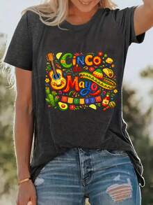 Women's "Happy Cinco De Mayo" Party T-Shirt | Feminine Style, Vintage Style Women's Blouse | Summer 2026, Printed Short Sleeve | Soft Fabric, Round Neck, Slightly Stretchy Material | Regular Fit, Adult Sizes, Short Sleeve T-Shirt. - 深灰色 - 查看 4