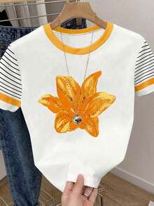 Camiseta casual de mujer de unicolor con cuello redondo, versátil para el verano - Multicolor 3 - Ver 4