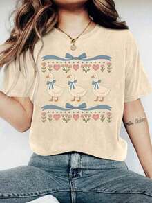 Cute 90s Vintage Goose Design T-Shirt, Comfortable Short Sleeve T-Shirt With Cartoon Letter Print, Suitable For Various Occasions, As A Gift For Festivals, Birthdays, Music Festivals, Casual And Versatile Wear, For Beach Vacations, Simple And Fashionable, Suitable For Daily Wear By Women And Girls. -High-Quality Breathable - 杏色 - 查看 10