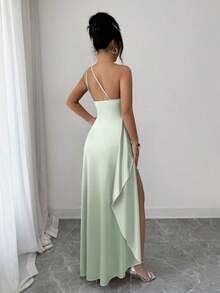 Vestido de noche largo y sexy para mujer con un hombro, cintura fruncida y abertura alta, de satén de lujo, nuevo para el verano de 2026 - verde menta - Ver 2